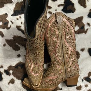 pointed toe rose gold glittery boots